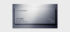A sleek, metallic IBM Quantum Nighthawk processor chip against a light grey background. The face of the rectangular chip features the text "IBM Quantum", "NIGHTHAWK", "120 QUBITS", "SQUARE-LATTICE", and a minimalist line-art logo of a bird on the bottom right.