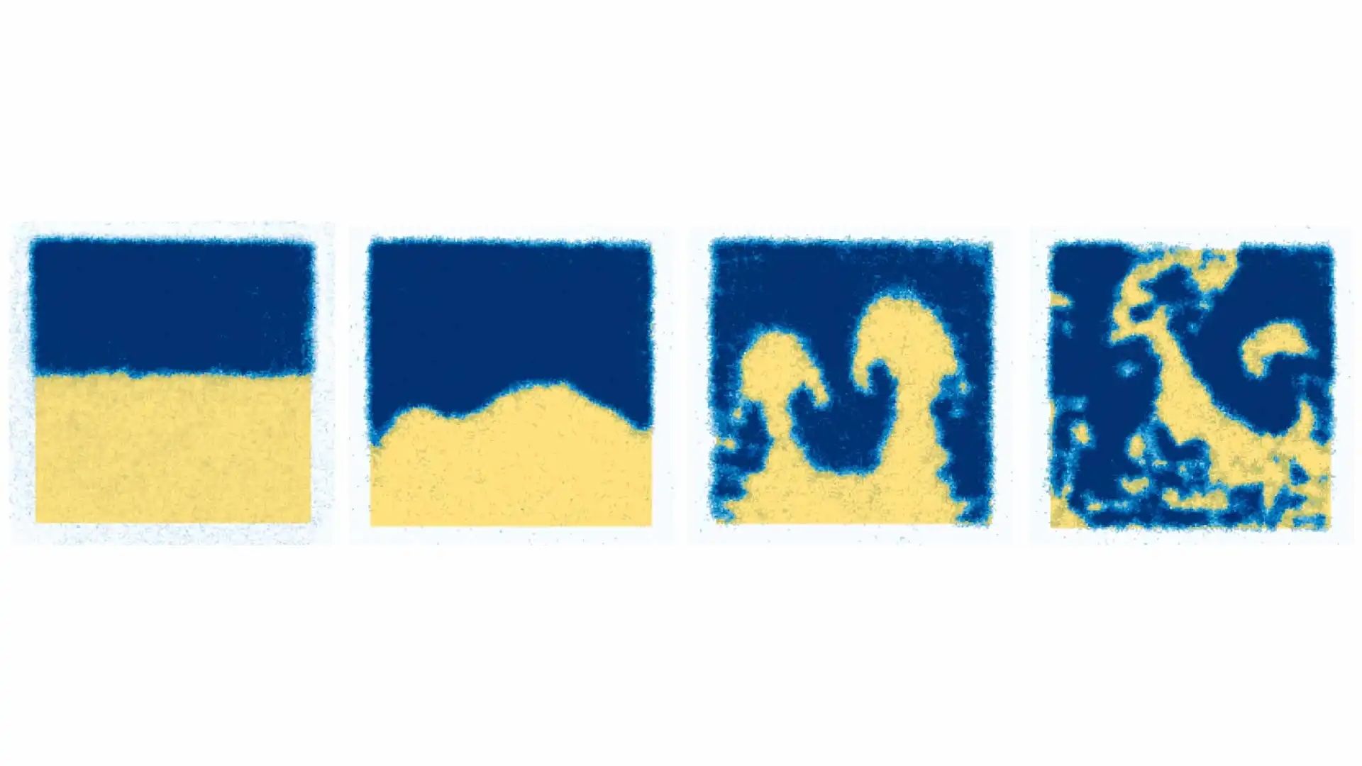 The image shows two differently colored quantum superfluids—blue and yellow—being pushed together by magnetic fields, forming mushroom-shaped plumes that resemble explosion clouds before breaking into turbulence.