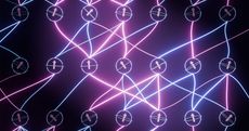 Neon pink and blue lines randomly connect spheres containing arrows. The spheres are organized in three horizontal rows and additional lines extend off the edges of the image.