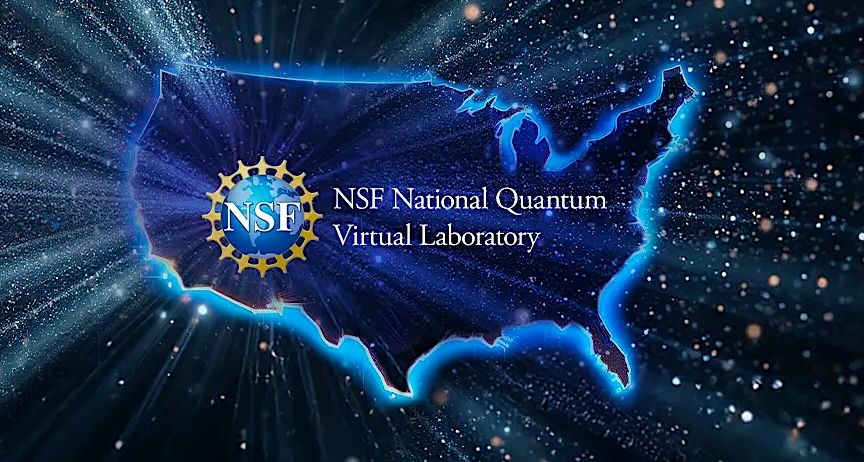 An image featuring a glowing blue map of the United States with the National Science Foundation logo and the text NSF National Quantum Virtual Laboratory set against a starry, deep-space background.