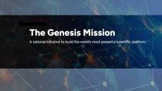 A banner featuring the bold text "The Genesis Mission" above the tagline "A national initiative to build the world's most powerful scientific platform," set against a dark blue background with abstract digital network lines and glowing connections.