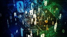 Illustration for quantum computing shows zeroes and ones hovering in space with background of electronic networking diagrams. 