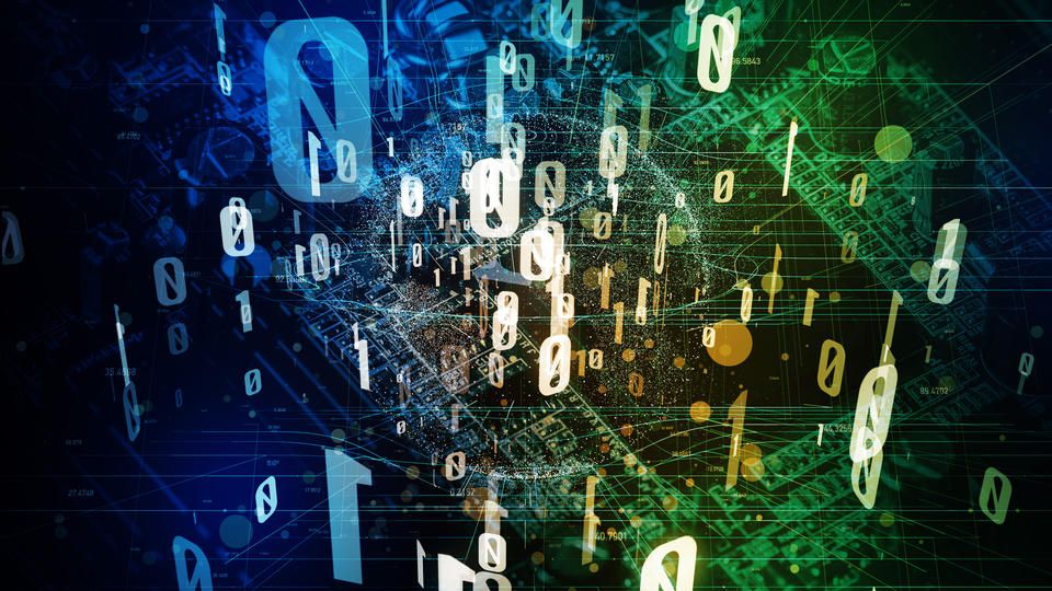 Illustration for quantum computing shows zeroes and ones hovering in space with background of electronic networking diagrams.
